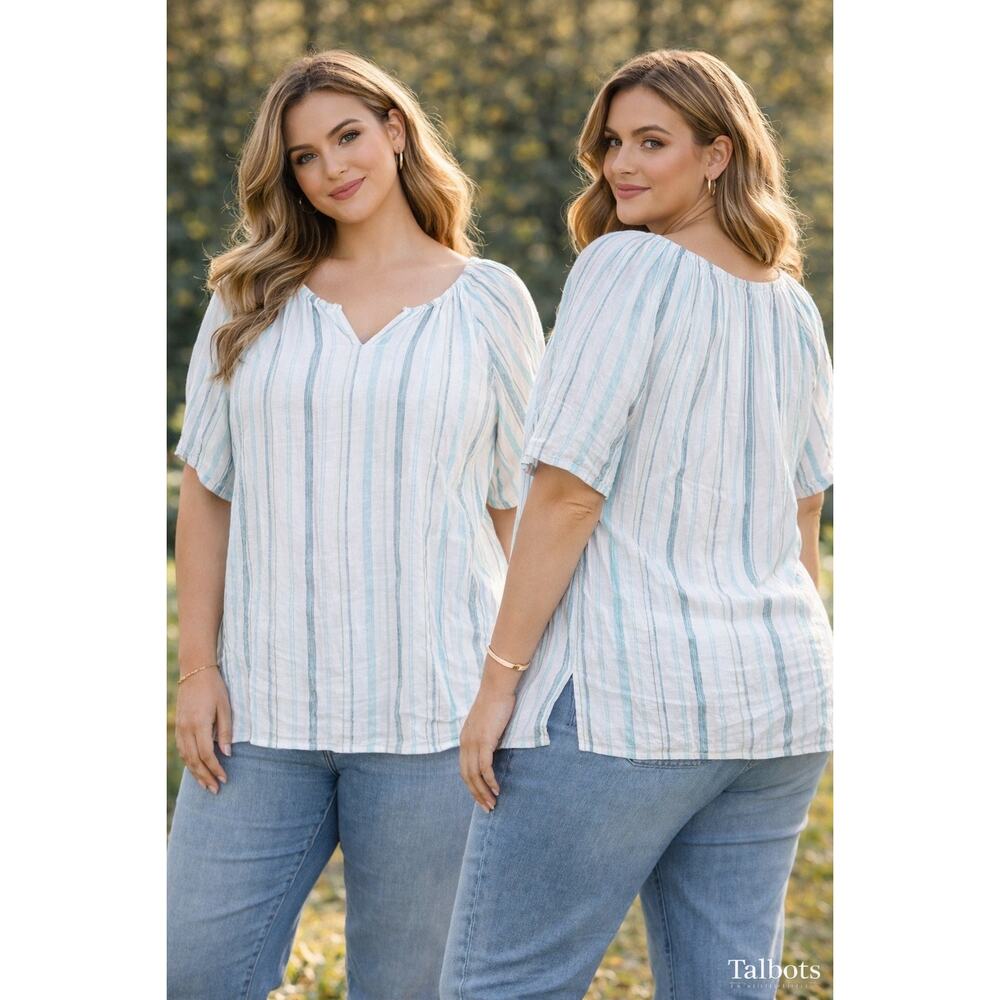 Talbots Plus Linen Blouse 2X White Blue Green Stripe Short Sleeve Lightweight